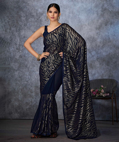 Navy Blue Sequin Embroidered Georgette Saree with Stylish Blouse