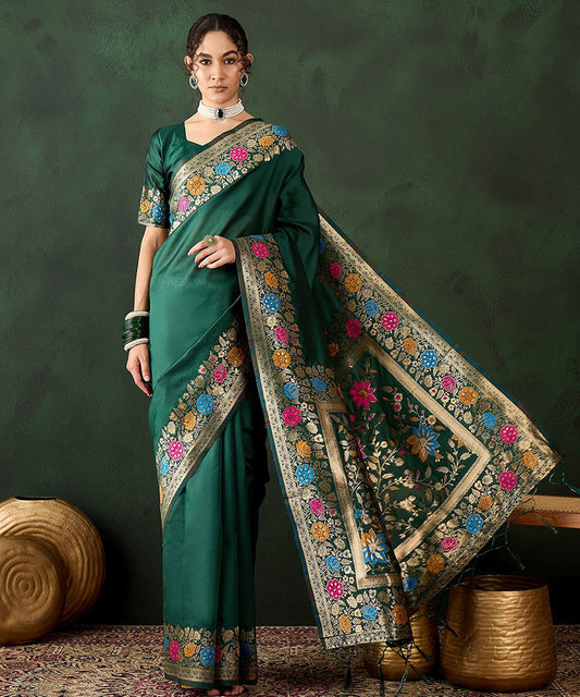 Green Art Silk Saree with Traditional Weaving and Unstitched Blouse