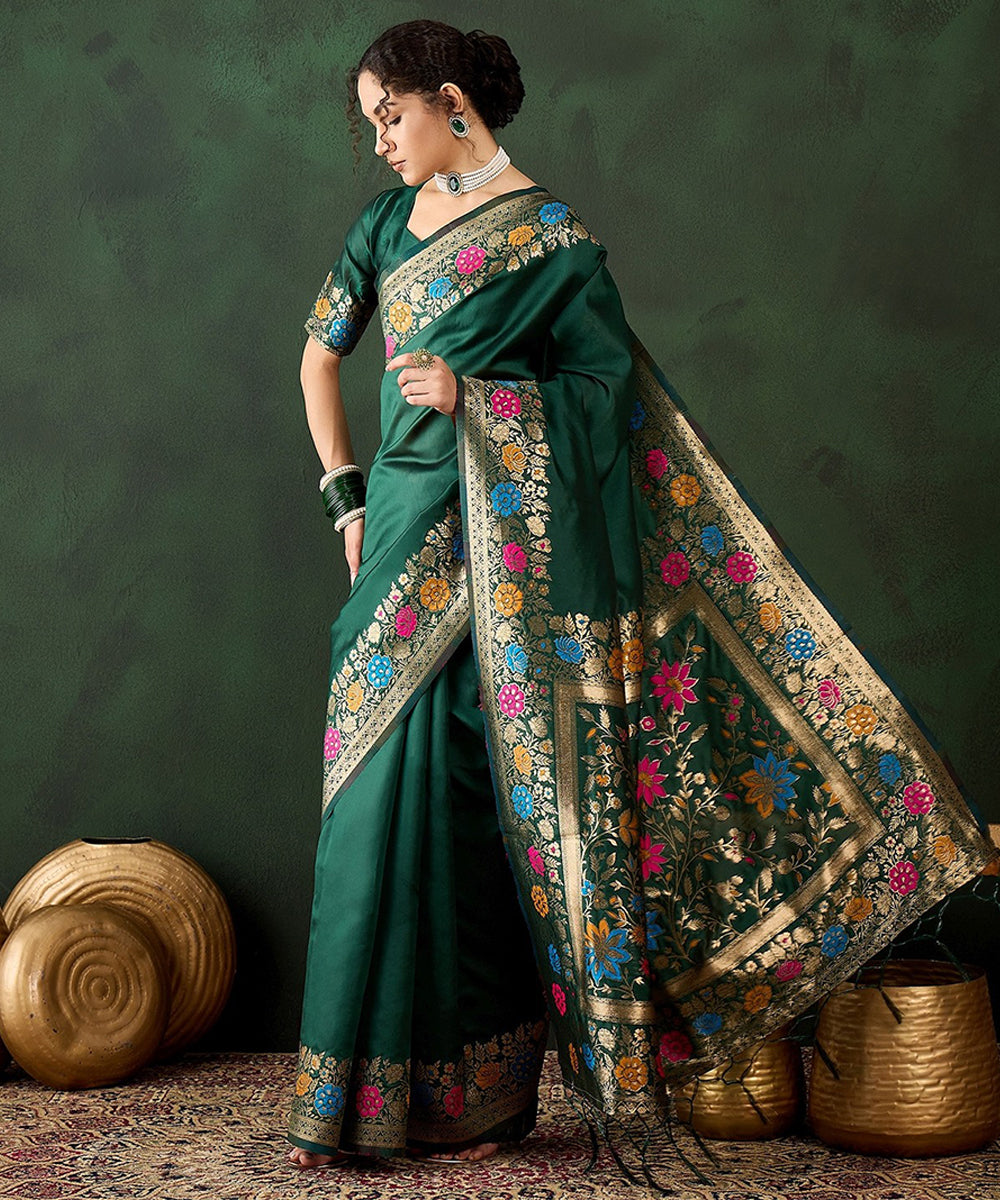 Green Art Silk Saree with Traditional Weaving and Unstitched Blouse