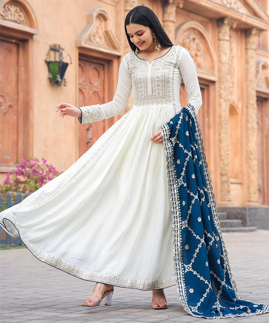 White Embroidered Chiffon Kurta Pant with Dupatta