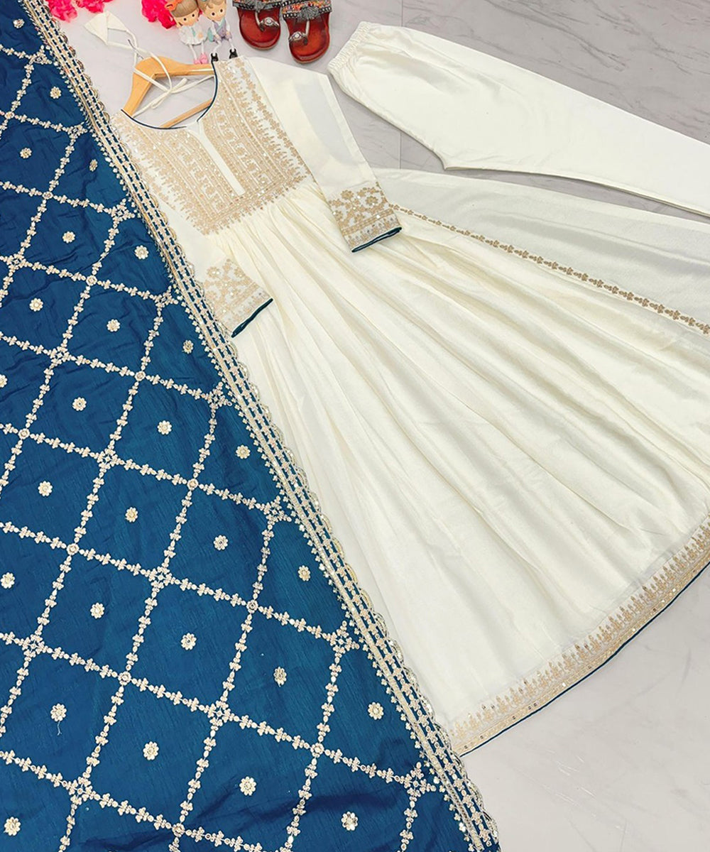 White Embroidered Chiffon Kurta Pant with Dupatta