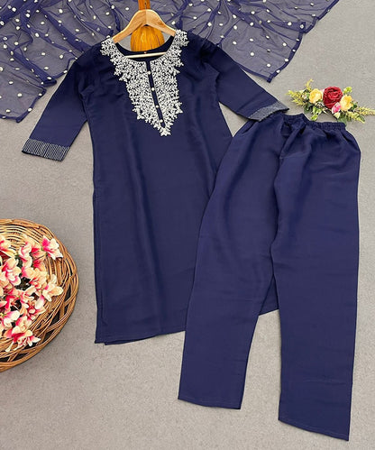 Navy Blue Blended Cotton Salwar Suit