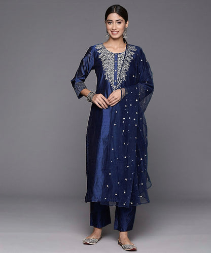 Navy Blue Blended Cotton Salwar Suit