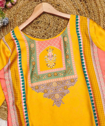 Yellow Embroidered Satin Kurta Pant Set