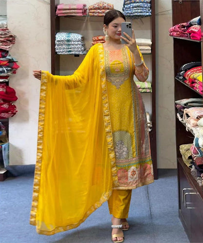 Yellow Embroidered Satin Kurta Pant Set