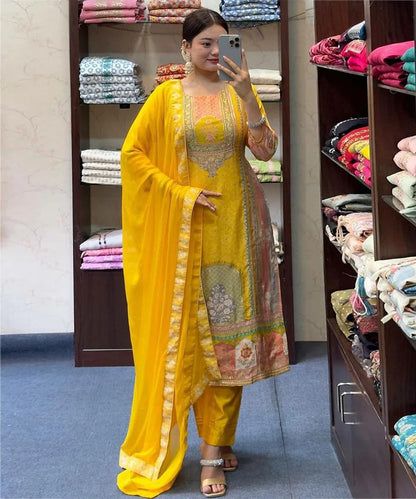 Yellow Embroidered Satin Kurta Pant Set