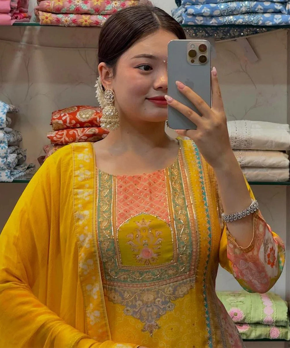 Yellow Embroidered Satin Kurta Pant Set