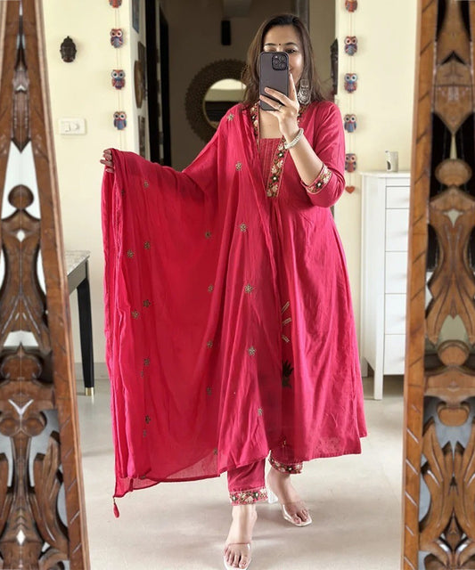 Pink Embroidered Cotton Kurta Pant Set