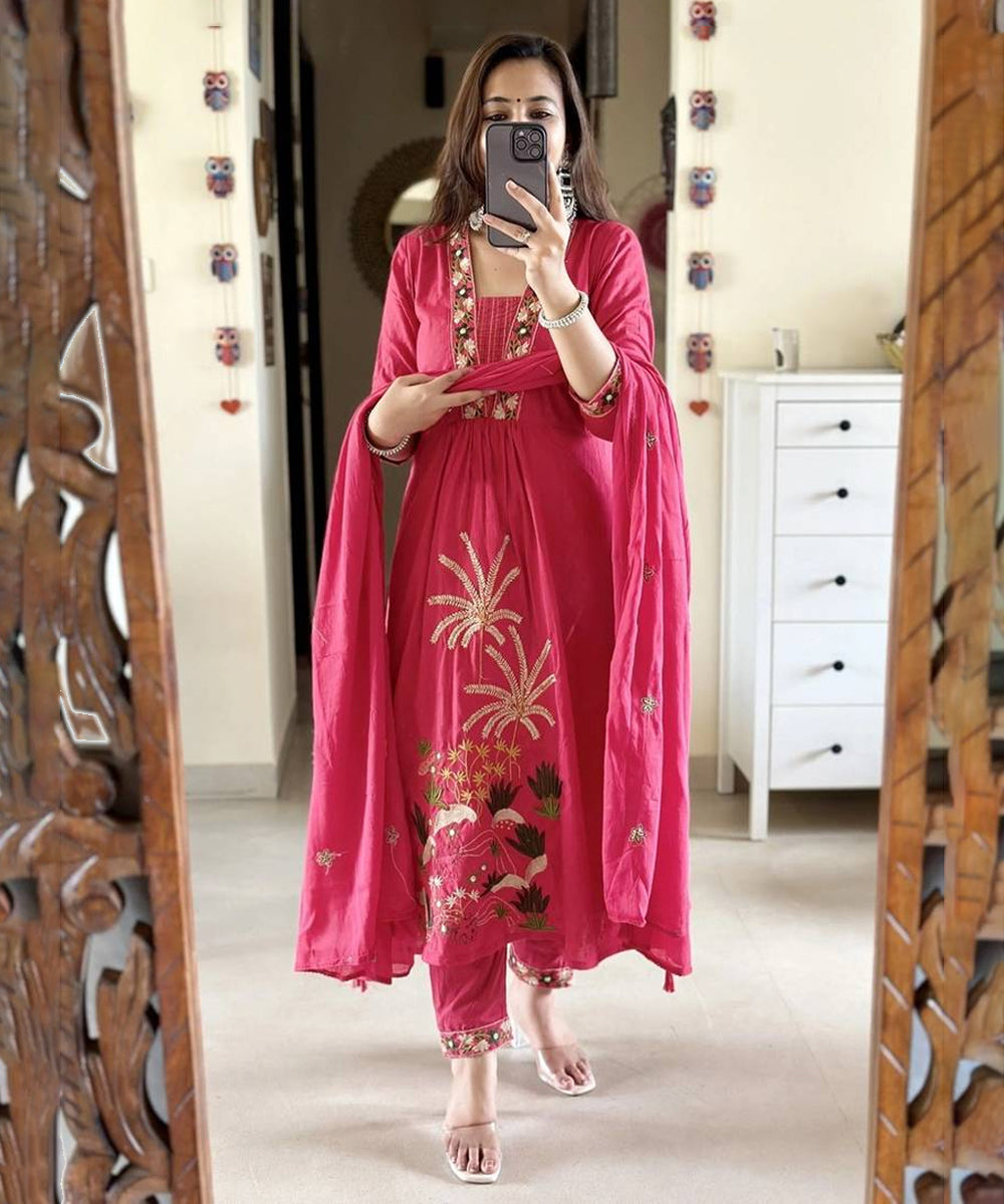 Pink Embroidered Cotton Kurta Pant Set