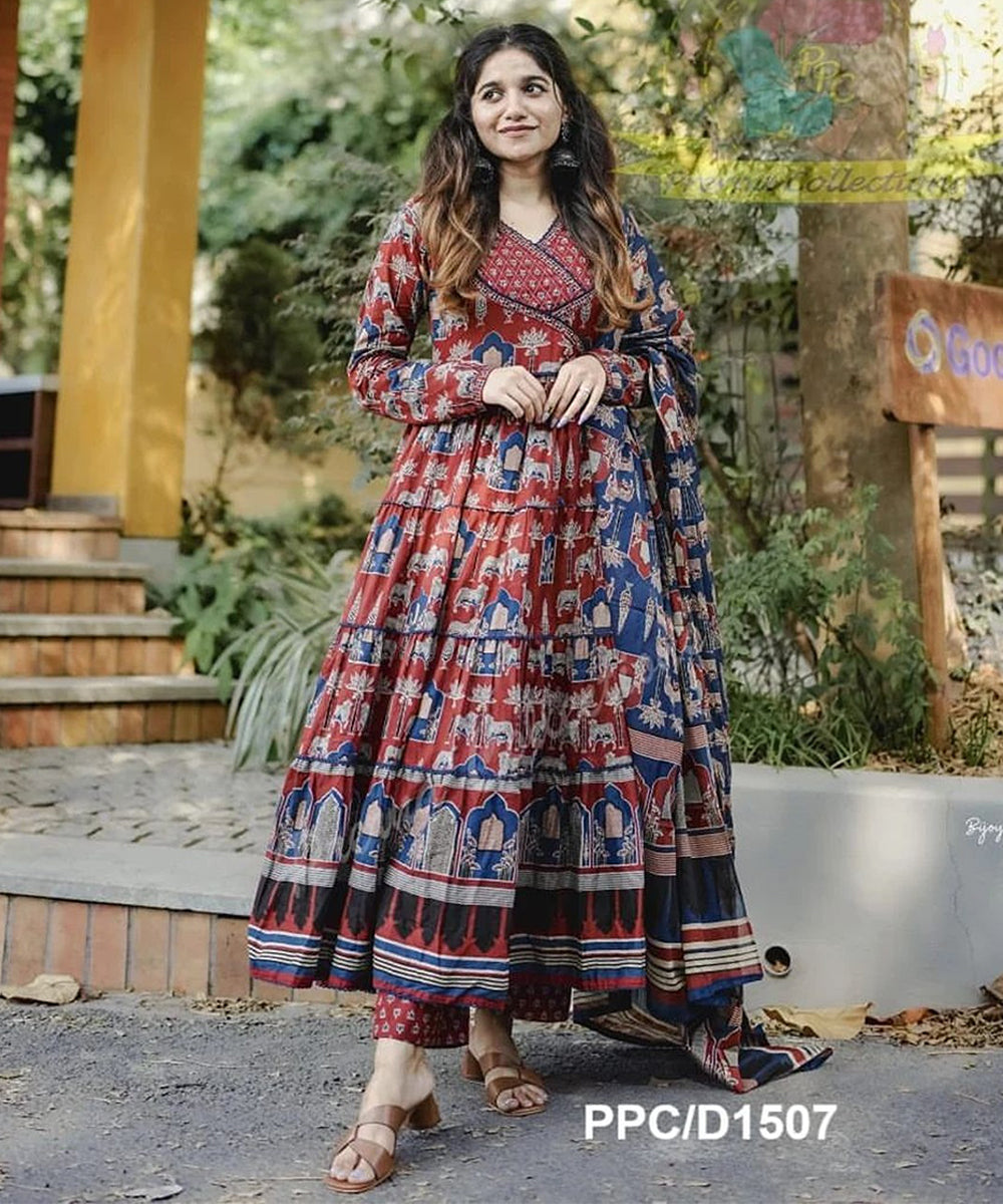 Brown Printed Cotton Kurta Pant with Dupatta