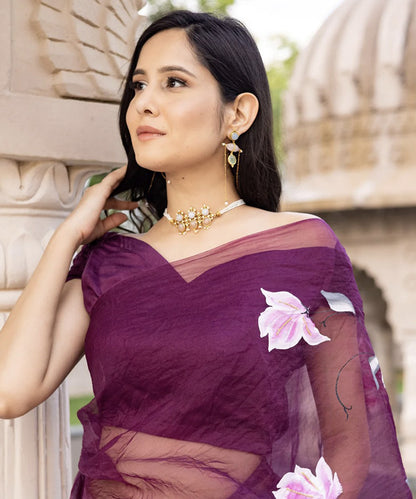 Purple Organza Hand-Painted Saree with Artistic Detailing