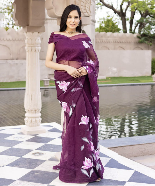 Purple Organza Hand-Painted Saree with Artistic Detailing