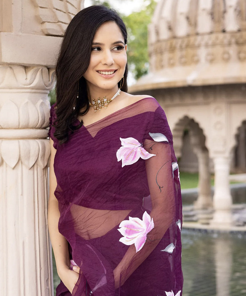 Purple Organza Hand-Painted Saree with Artistic Detailing