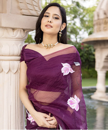 Purple Organza Hand-Painted Saree with Artistic Detailing