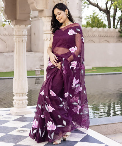 Purple Organza Hand-Painted Saree with Artistic Detailing