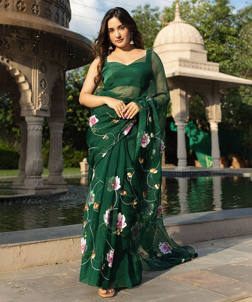 Green Organza Hand-Painted Saree with Delicate Artwork