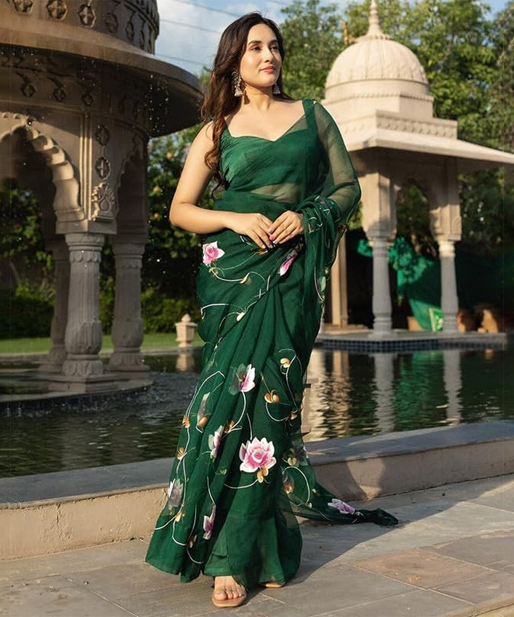 Green Organza Hand-Painted Saree with Delicate Artwork