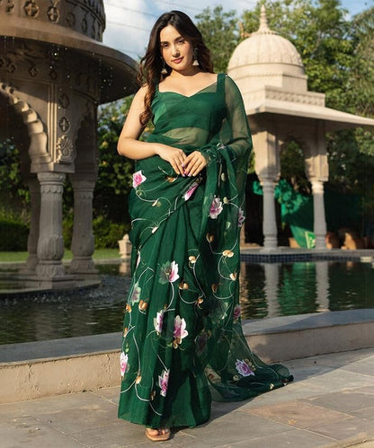 Green Organza Hand-Painted Saree with Delicate Artwork