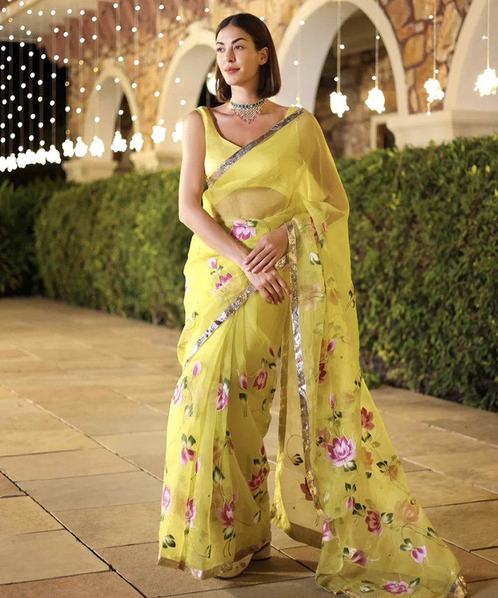 Yellow Organza Hand-Painted Saree with Vibrant Detailing