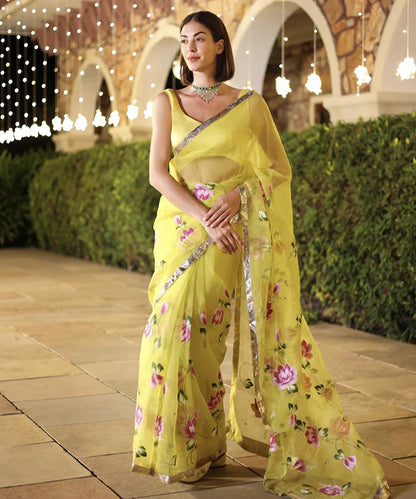 Yellow Organza Hand-Painted Saree with Vibrant Detailing