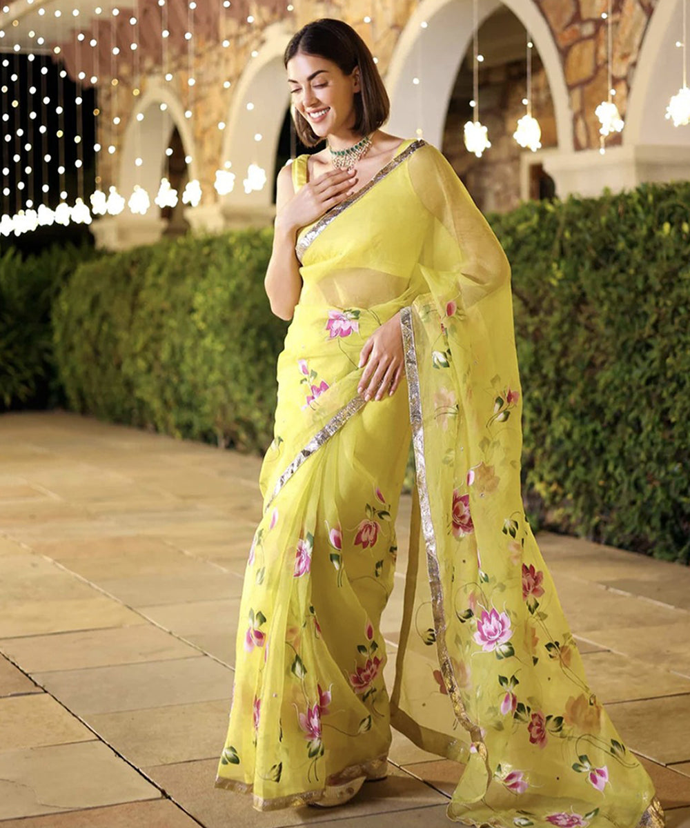 Yellow Organza Hand-Painted Saree with Vibrant Detailing