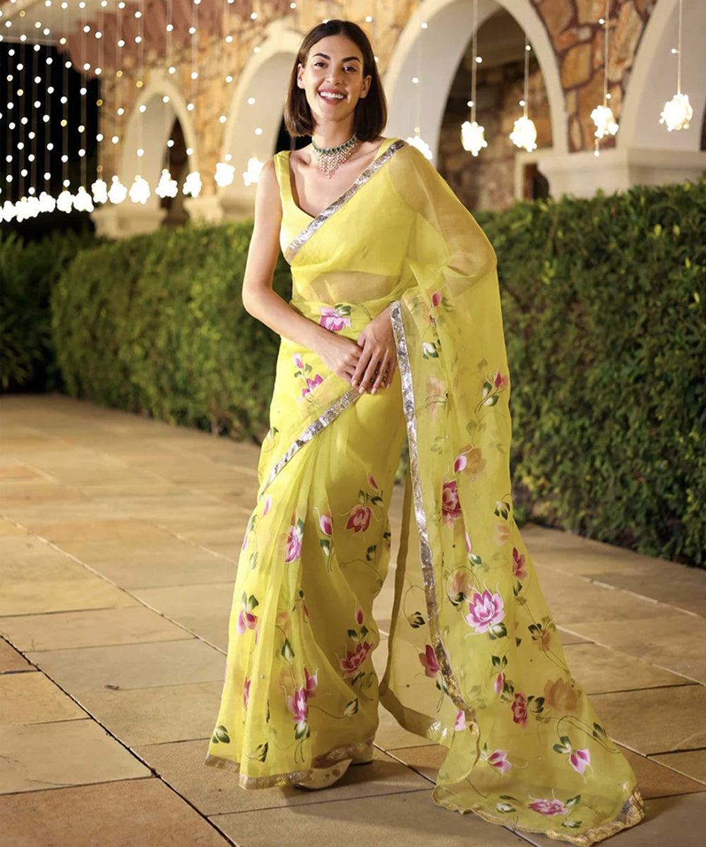 Yellow Organza Hand-Painted Saree with Vibrant Detailing