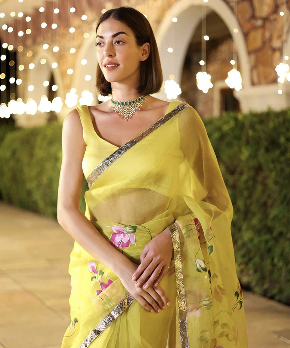 Yellow Organza Hand-Painted Saree with Vibrant Detailing