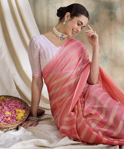 Peach Chiffon Striped Sequence Saree with Unstitched Blouse