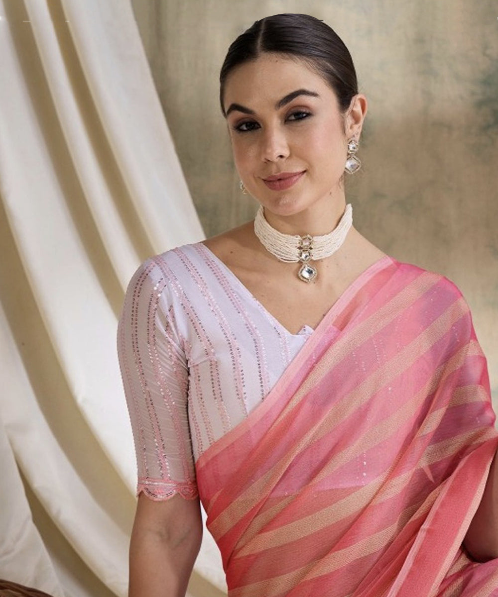 Peach Chiffon Striped Sequence Saree with Unstitched Blouse