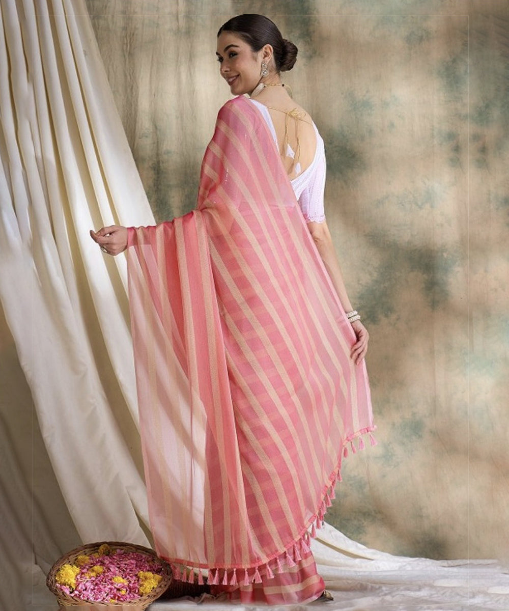 Peach Chiffon Striped Sequence Saree with Unstitched Blouse