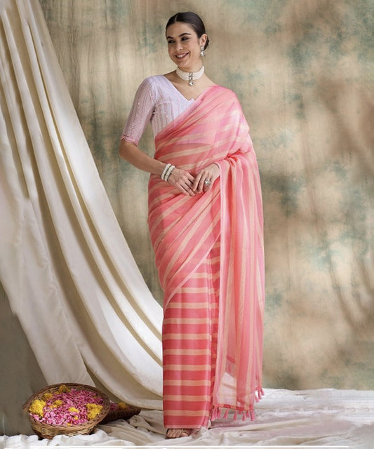 Peach Chiffon Striped Sequence Saree with Unstitched Blouse