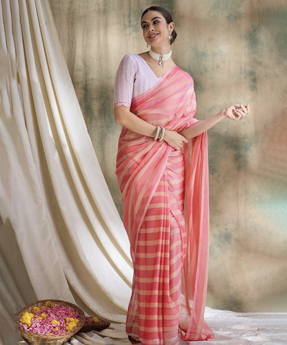 Peach Chiffon Striped Sequence Saree with Unstitched Blouse