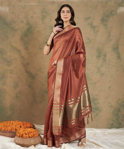 Rust Woven Organza Saree with a Stylish Unstitched Blouse