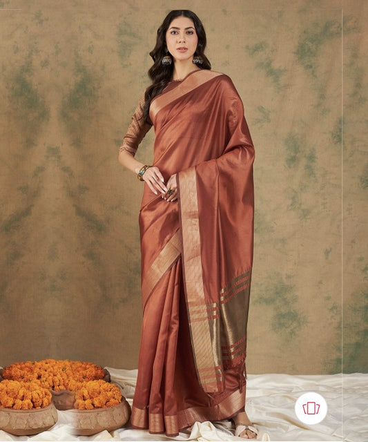 Rust Woven Organza Saree with a Stylish Unstitched Blouse