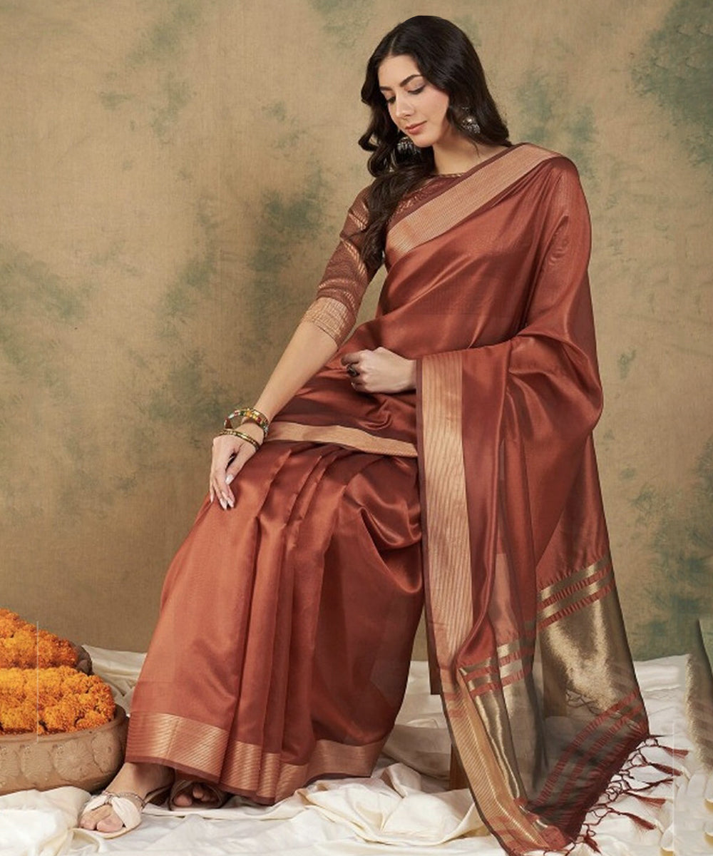 Rust Woven Organza Saree with a Stylish Unstitched Blouse