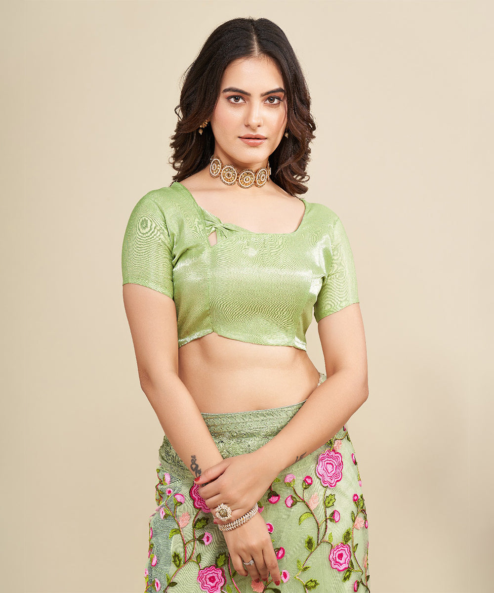 Mint Saree with Embroidered Borders and Pink Floral Patches