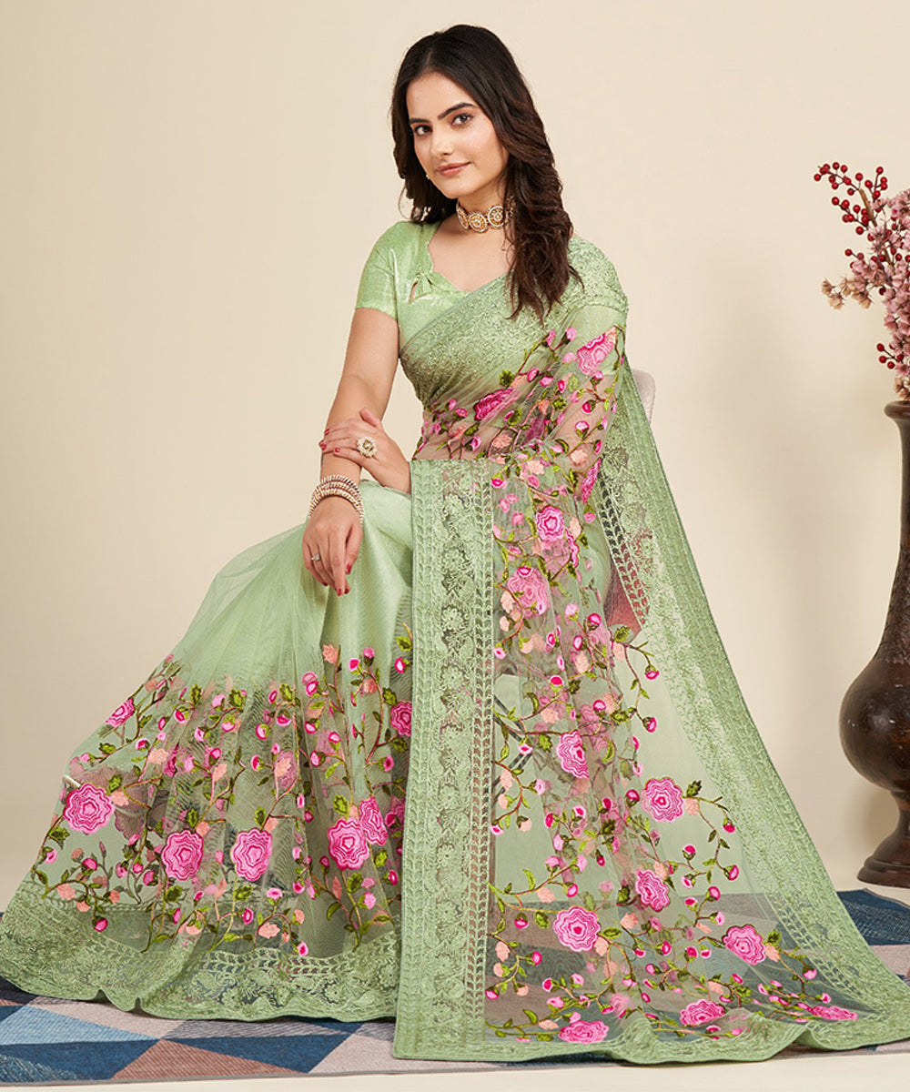 Mint Saree with Embroidered Borders and Pink Floral Patches