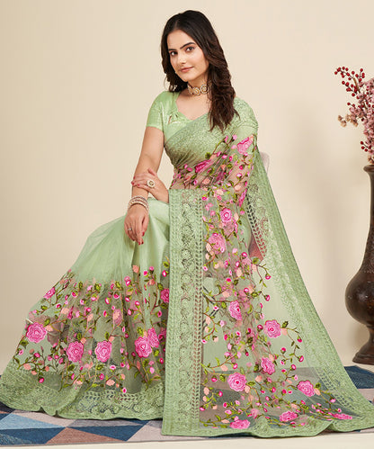 Mint Saree with Embroidered Borders and Pink Floral Patches