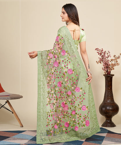 Mint Saree with Embroidered Borders and Pink Floral Patches