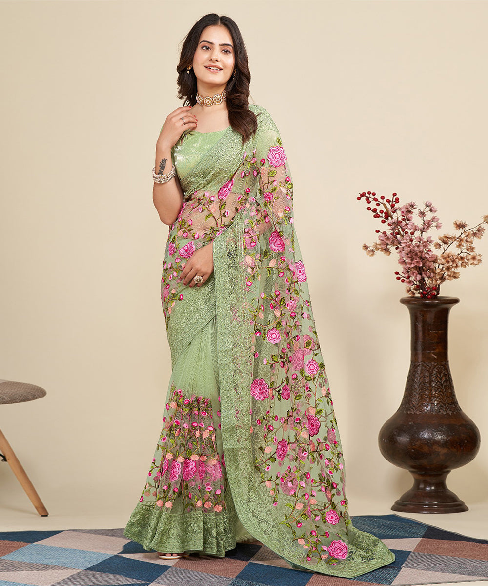 Mint Saree with Embroidered Borders and Pink Floral Patches