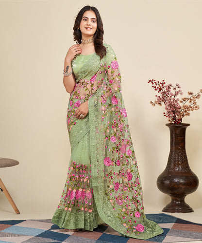 Mint Saree with Embroidered Borders and Pink Floral Patches