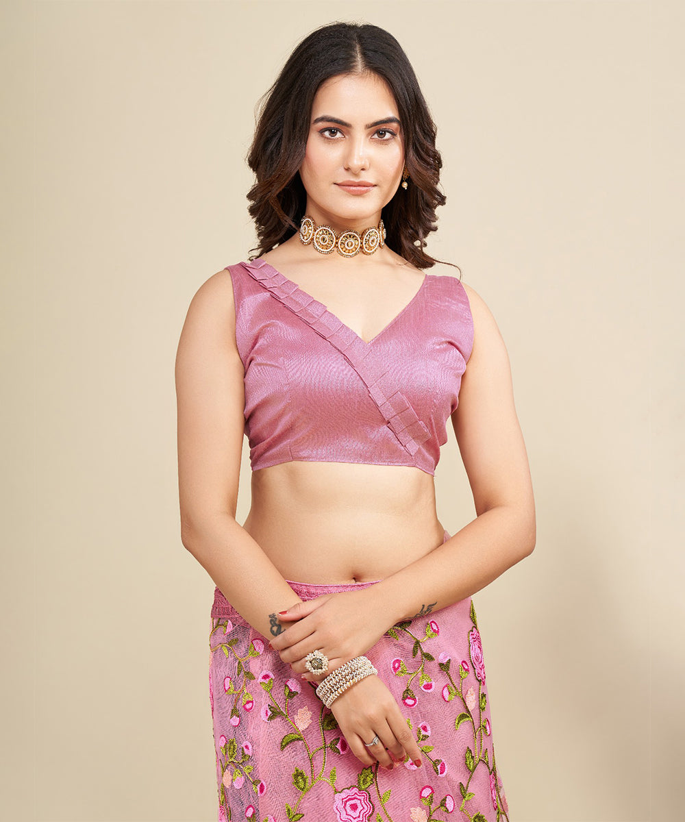 Pink Saree with Embroidered Borders and Floral Resham Detailing