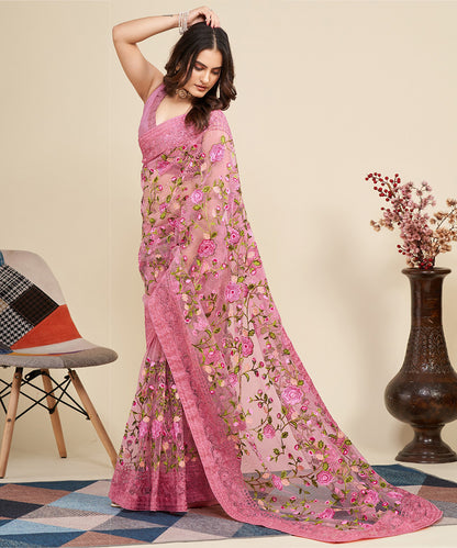 Pink Saree with Embroidered Borders and Floral Resham Detailing