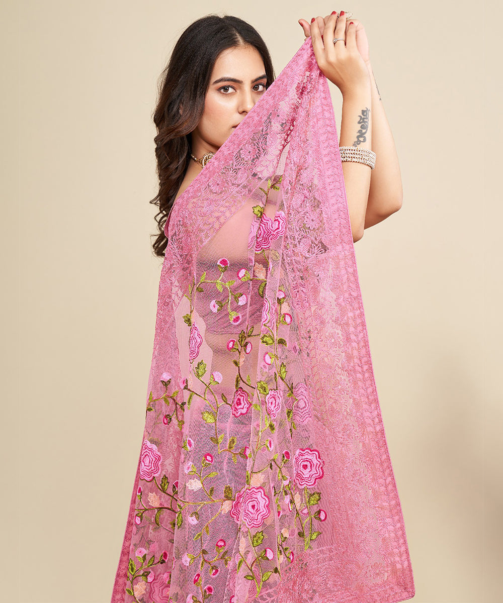 Pink Saree with Embroidered Borders and Floral Resham Detailing