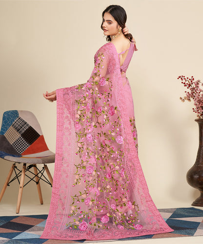 Pink Saree with Embroidered Borders and Floral Resham Detailing