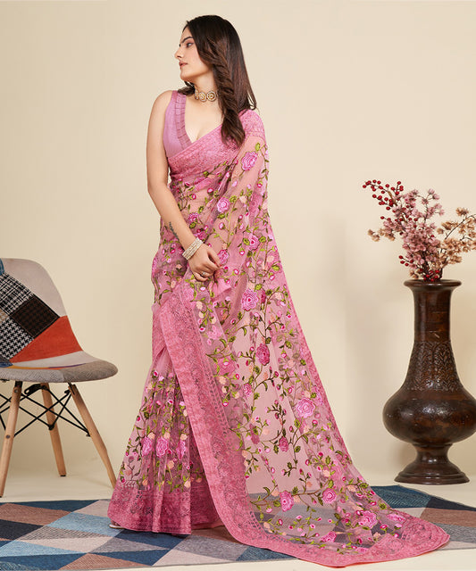 Pink Saree with Embroidered Borders and Floral Resham Detailing