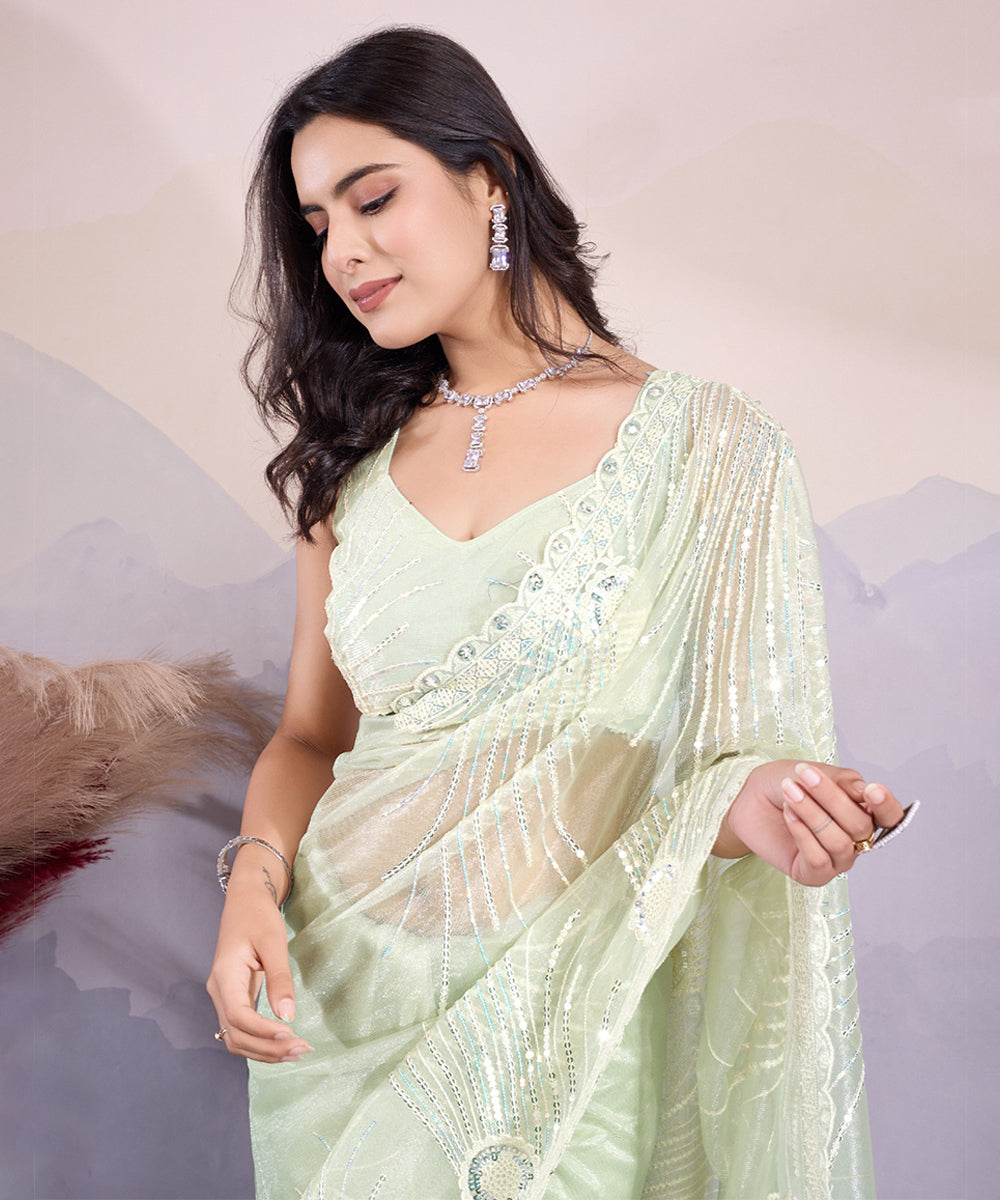 Mint Net Saree with Delicate Sequin Embroidery