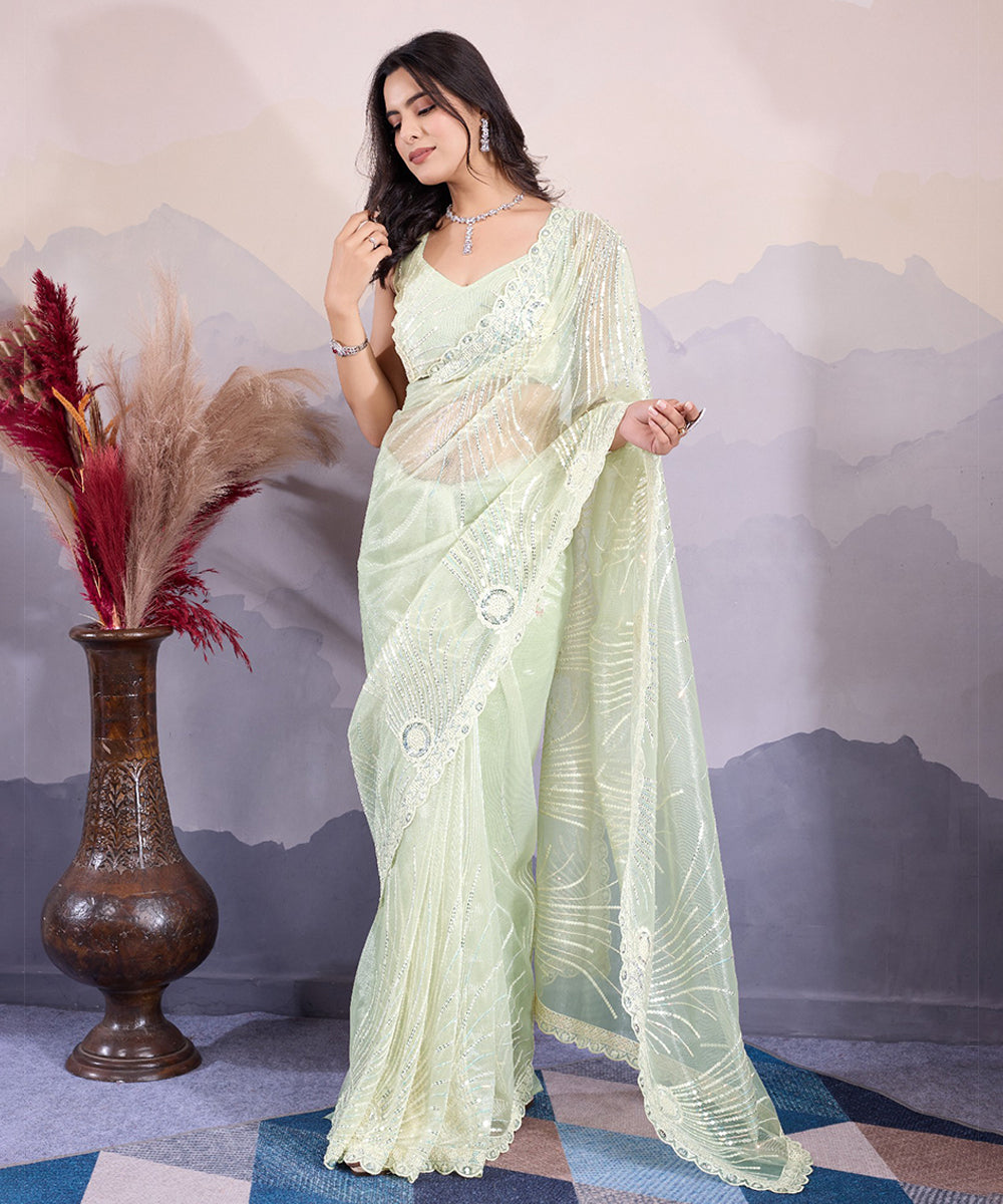 Mint Net Saree with Delicate Sequin Embroidery