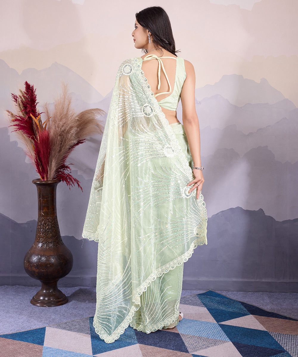 Mint Net Saree with Delicate Sequin Embroidery