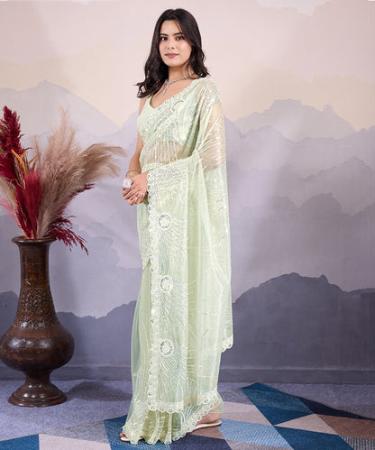 Mint Net Saree with Delicate Sequin Embroidery